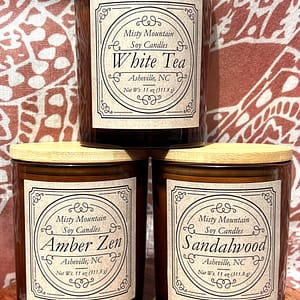 Meditation Soy Candles in amber glass jar in three scent choices: Amber Zen, Sandalwood and White Tea